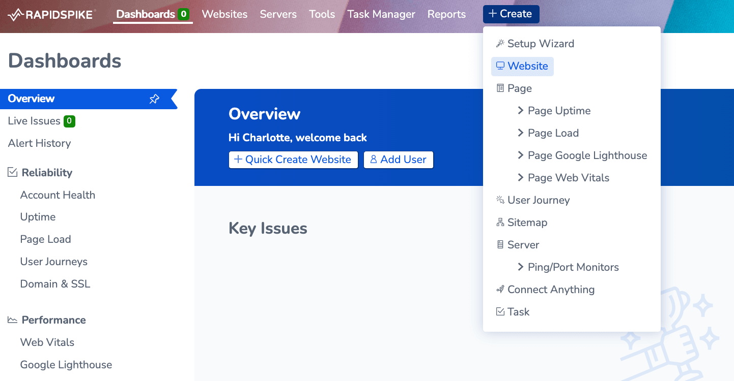 Screenshot showing how to create a new website in RapidSpike