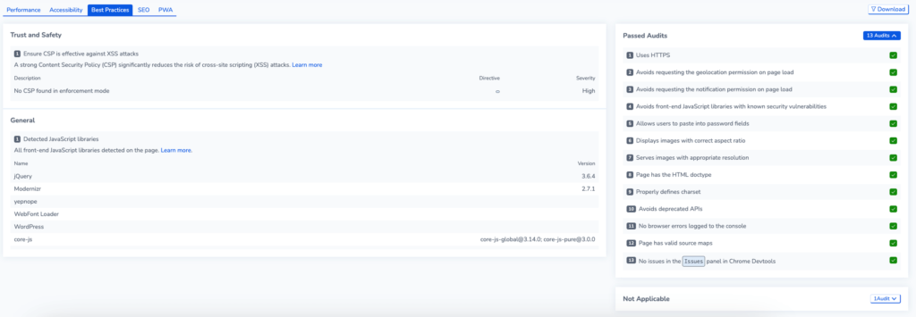 Screenshot showing Best practices audits