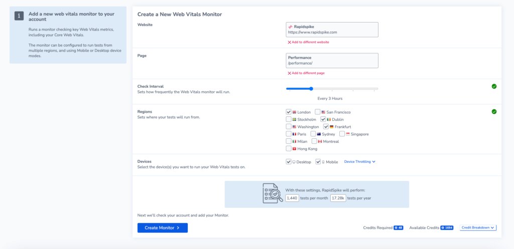 Screenshot showing the options page when creating a new core web vitals monitor