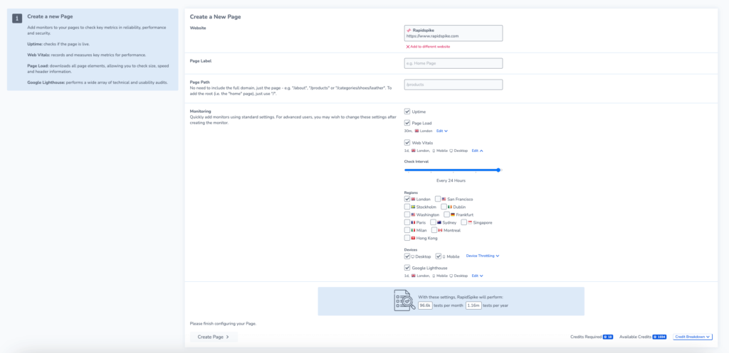 Screenshot showing how to add a core web vitals monitor from the 'add a new page' settings