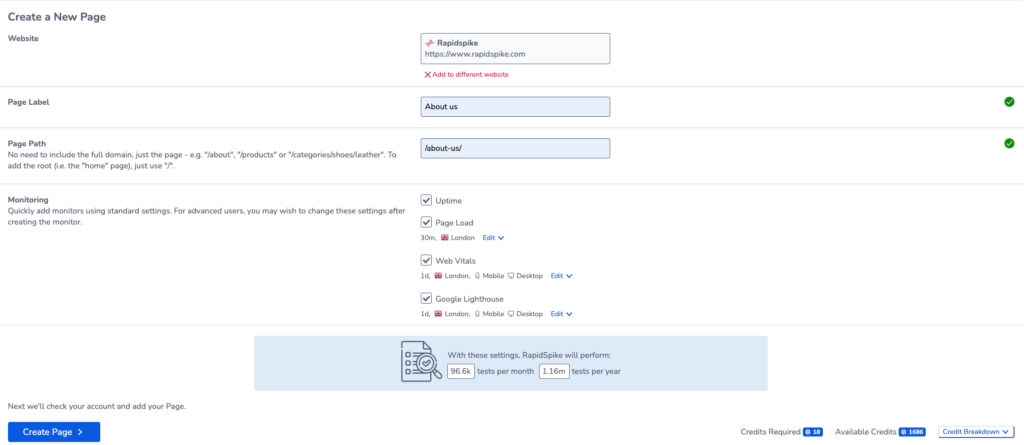 Settings for adding a page to RapidSpike.
