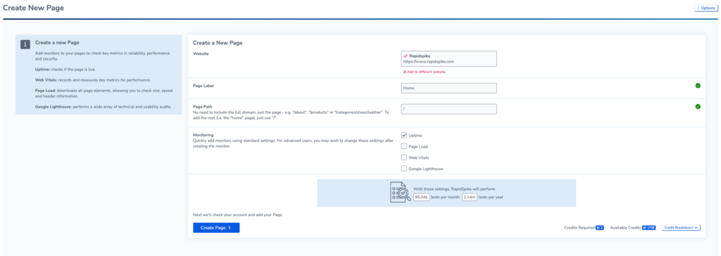 Screenshot showing the options menu when creating a new page in RapidSpike