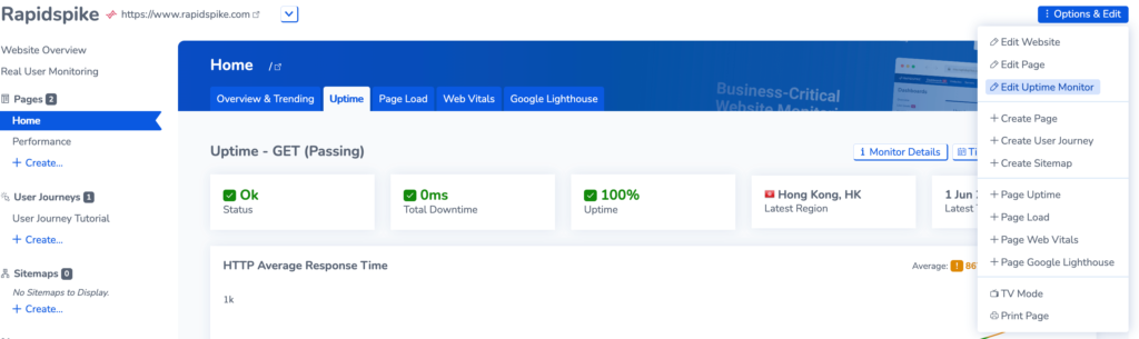 Screenshot showing the Uptime Monitor Page