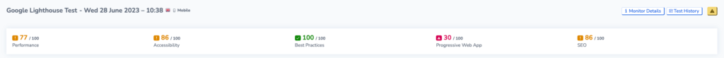 Screenshot showing scores from the latest google lighthouse test result 