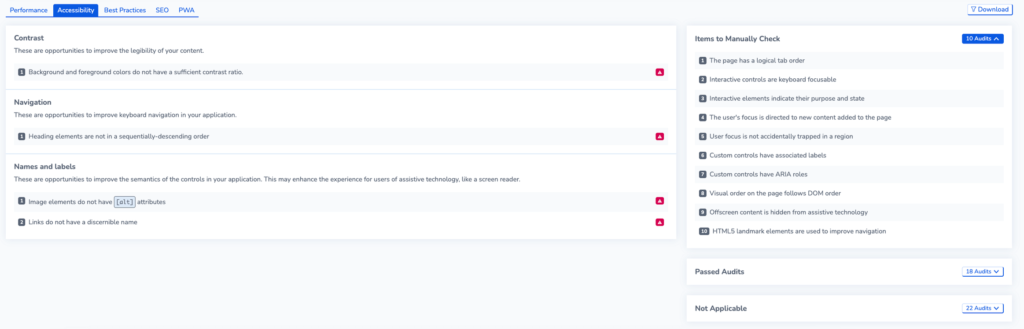 Screenshot showing accessibility audits
