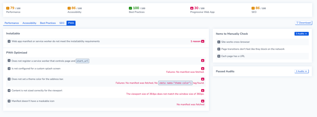 Screenshot showing PWA audits