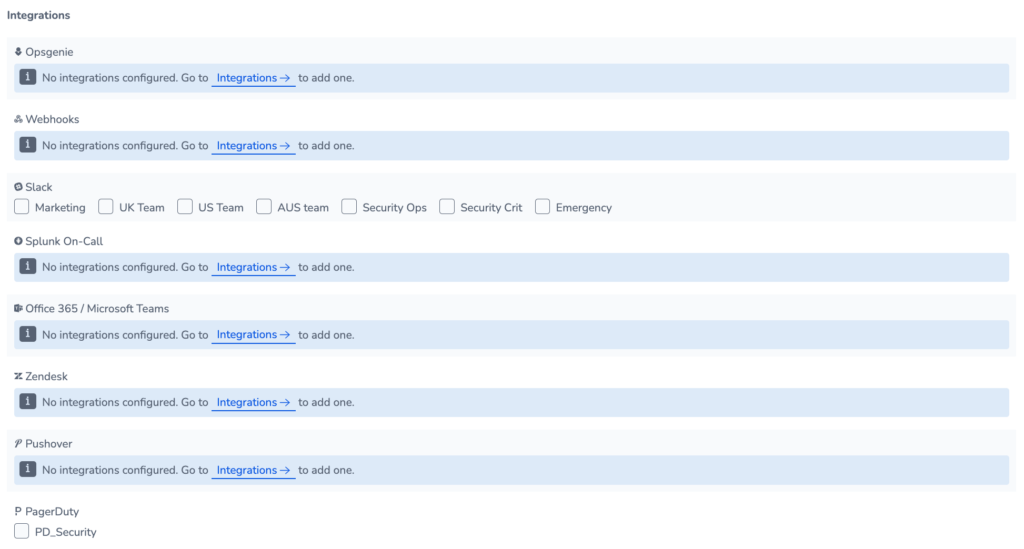 screenshot showing integrations list