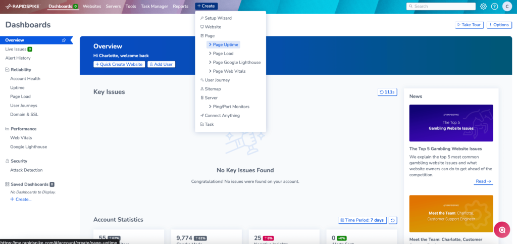 Screenshot showing how to add an uptime monitor from the Main RapidSpike Page. The User Clicks 'create' and a menu appears with the option 'Page Uptime' Included