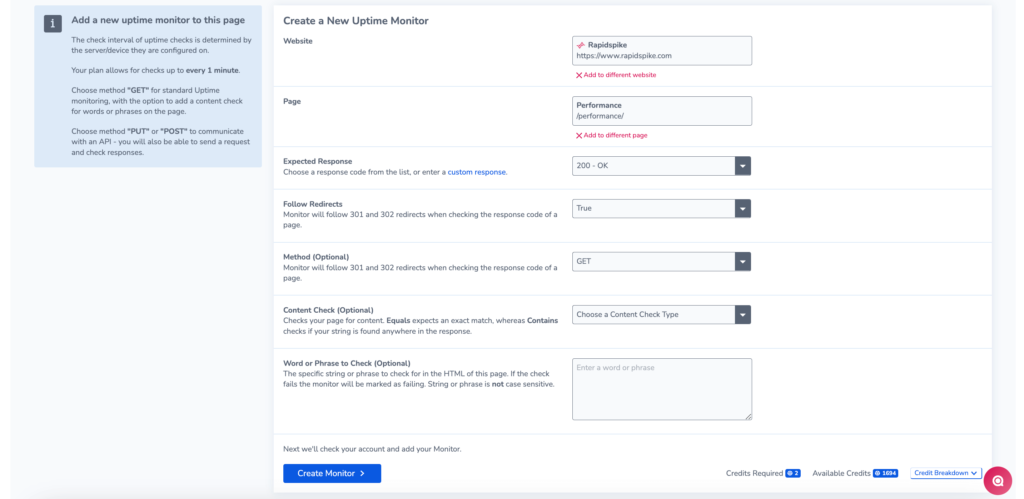 Screenshot: Configuring a new uptime monitor