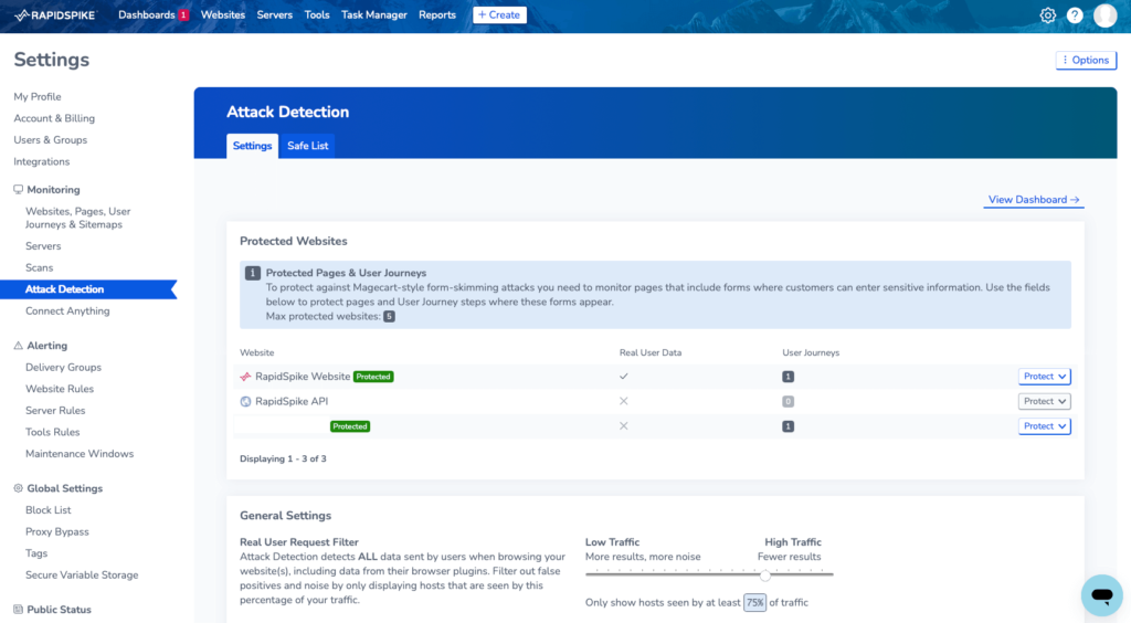 screenshot showing Attack detection settings