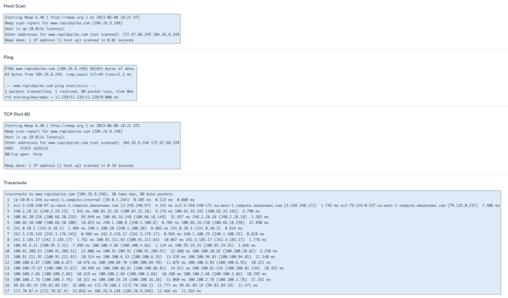 Screenshot showing Host Scan, Ping, TCP Port 80 and Traceroute results