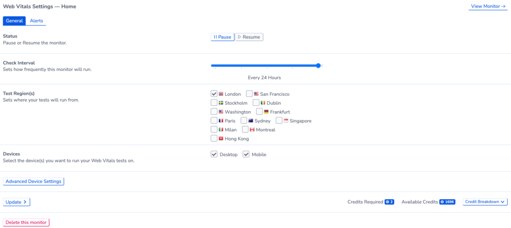 Screenshot showing web vitals settings