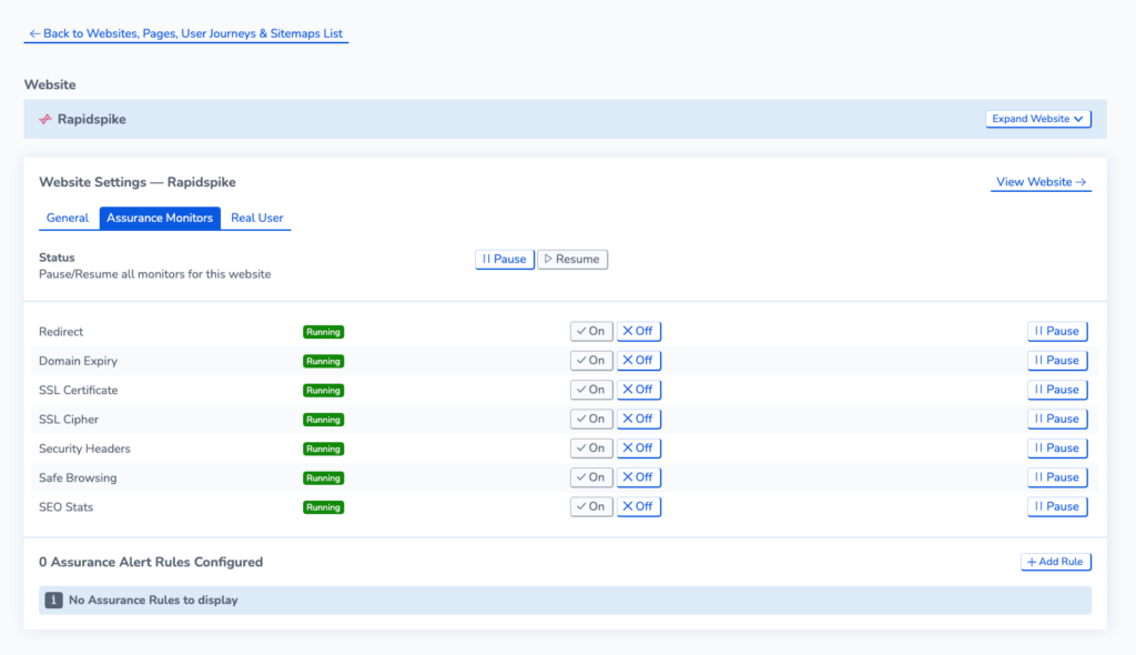 Screenshot showing Assurance Monitor Settings in RapidSpike.