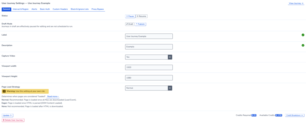 Screenshot showing User Journey Settings