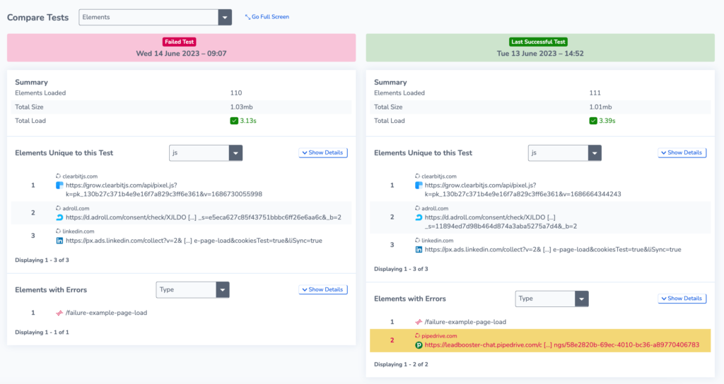 Screenshot showing elements failure analysis