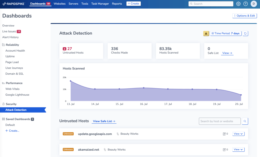 Screenshot showing the attack detection homepage with untrusted hosts