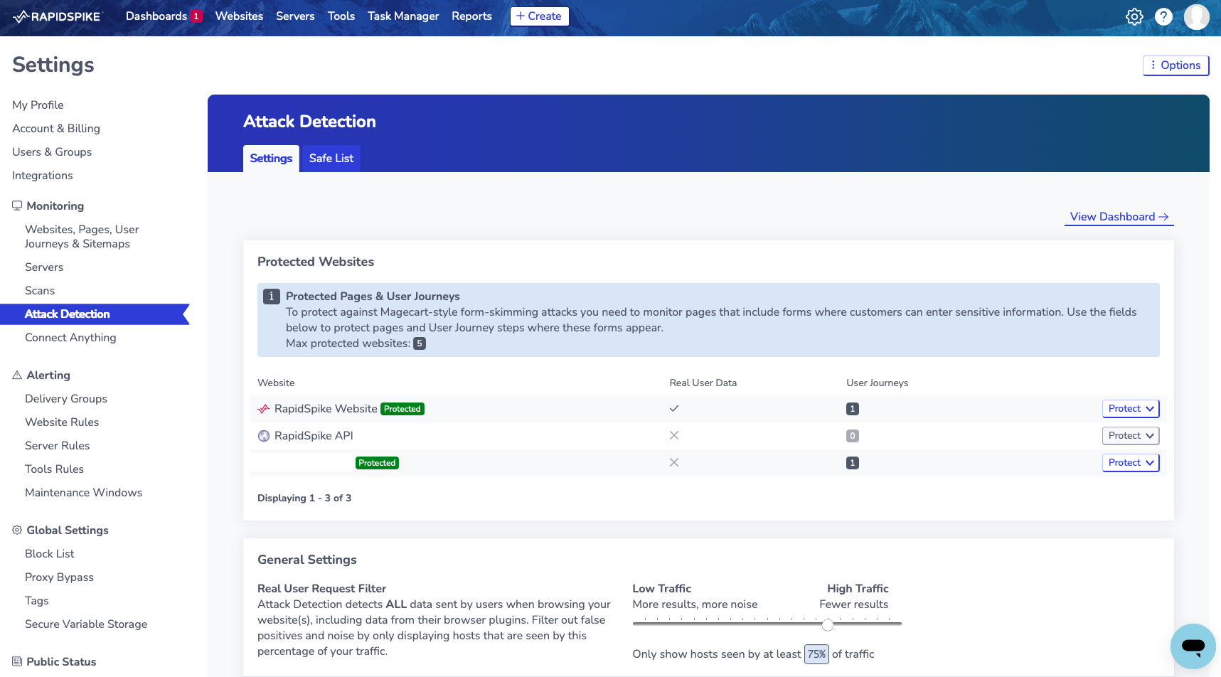 Screenshot of Attack Detection Settings with the real user request setting.