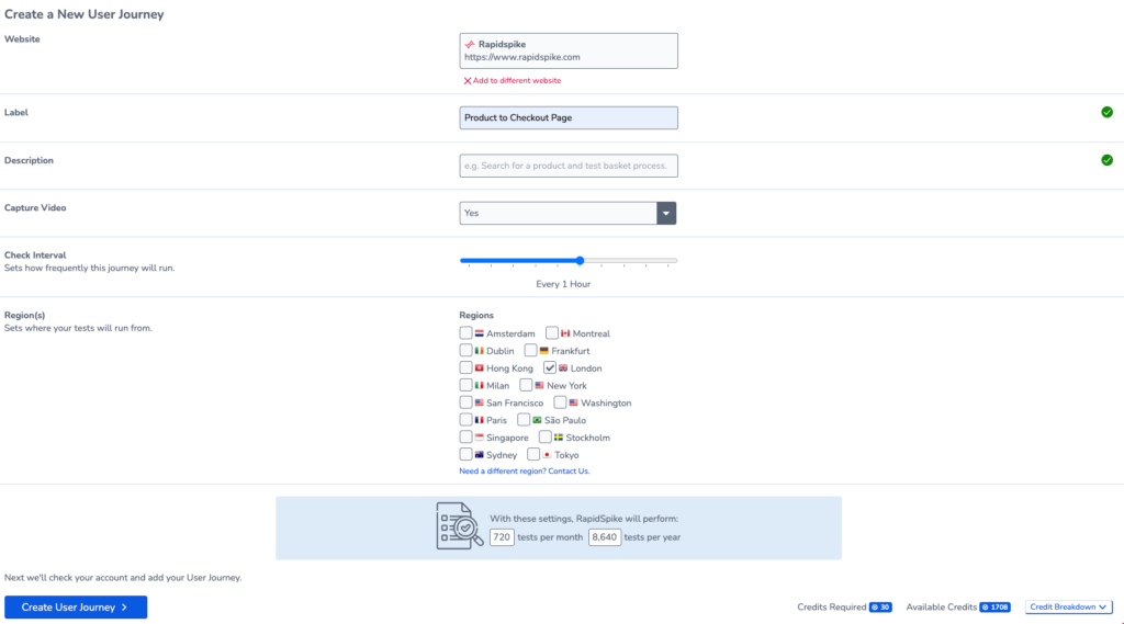 Screenshot showing the options page when creating a user journey