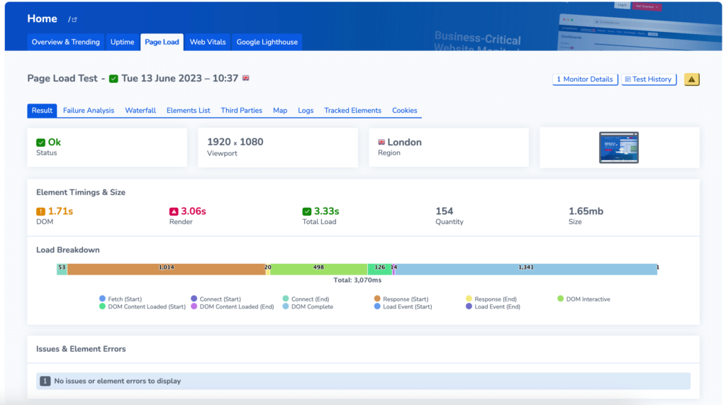 Screenshot showing the Page Load Monitor screen in RapidSpike