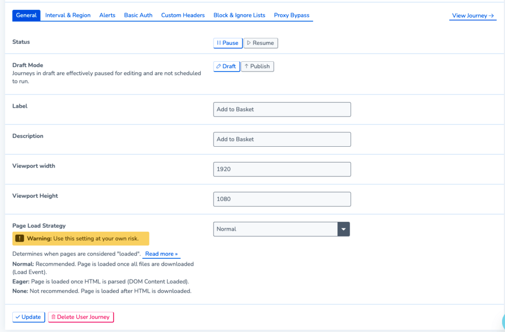 Screenshot showing the settings to change page load strategy