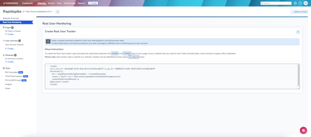 Screenshot of JavaScript Snippet to add RUM to your website.