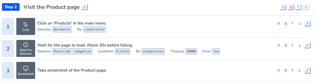 Recommended structure of steps and actions for a user journey script.