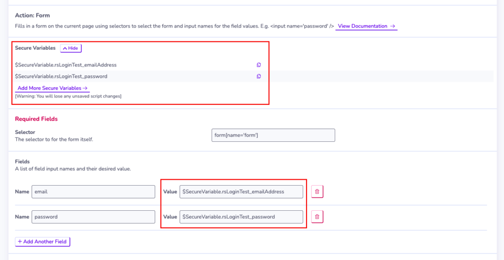 screenshot showing how to add secure variables into a user journey script