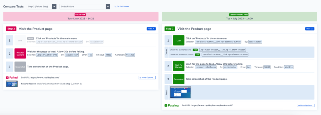 Screenshot showing the failure analysis page for user journey scripts