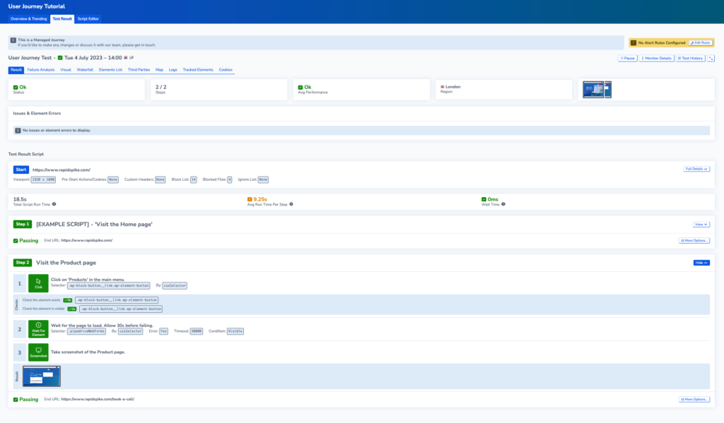 Screenshot showing the user journey test results page