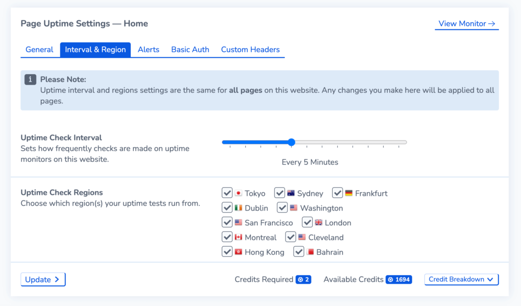 Screenshot showing uptime monitor settings