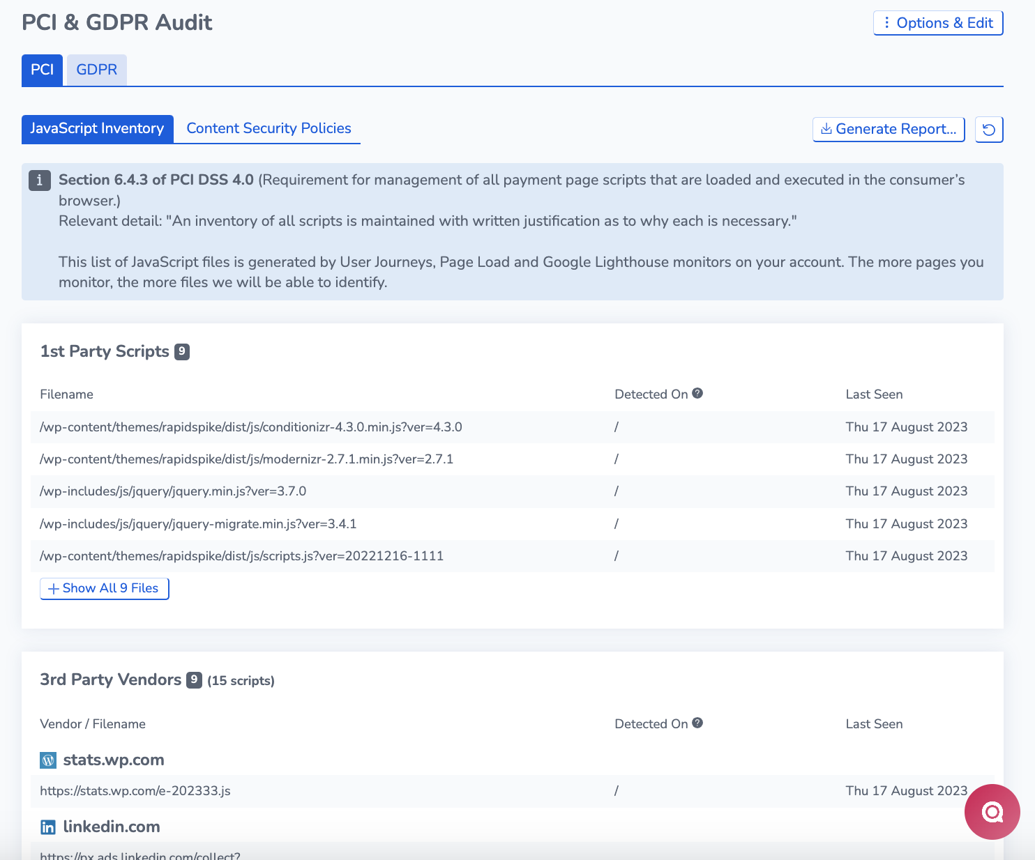 PCI and GDPR Audit page: JavaScript Inventory