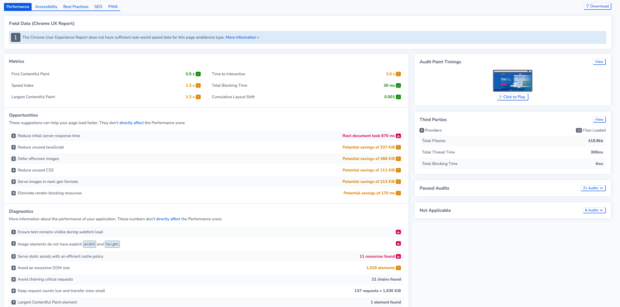 Performance audit lighthouse